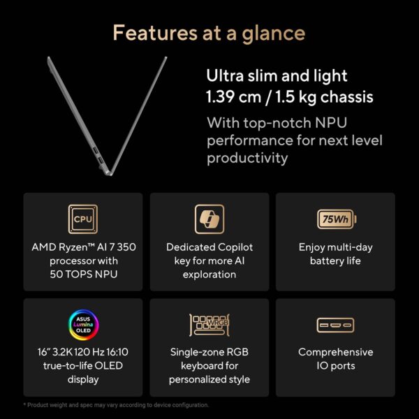 ASUS Vivobook S 16 M5606KA-RI028W Ryzen AI 7 350/24GB/SSD1TB/16" 3K OLED 120Hz/Radeon Graphics/W11H - Image 7